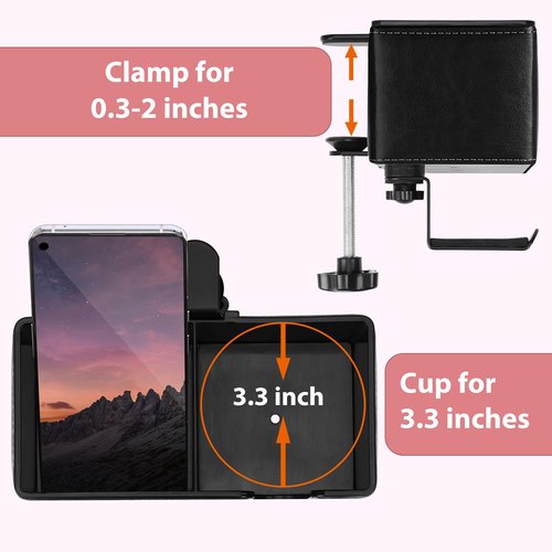 Erordna 4-in-1 Desk Cup Holder - Clamp On Under Desk Rotating Headphone Stand & Faux Leather Storage with Detachable Cup Holder/Phone Slot