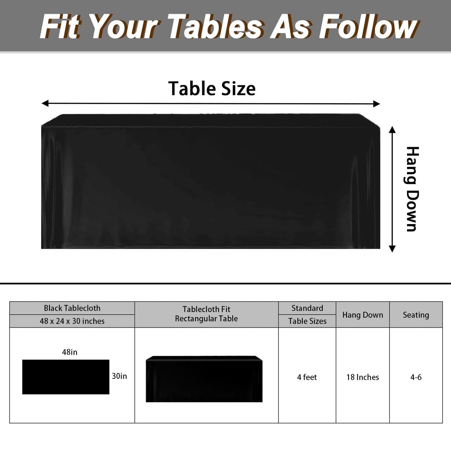 Fixwal Fitted Tablecloth Black Table Cloths for 4 Foot Rectangle Tables 2 Pack Table Cover for Folding Table Trade Show, Craft Show, Parties, Wedding, 48 x 24 Inch
