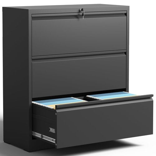 BIZOEIRON 3 Drawer Lateral File Cabinet with Lock, Metal Filing Cabinets for Home Office, Steel Storage Wide File Cabinet for Letter/Legal/F4/A4 Size with Hanging Bars, Assembly Required (Black)