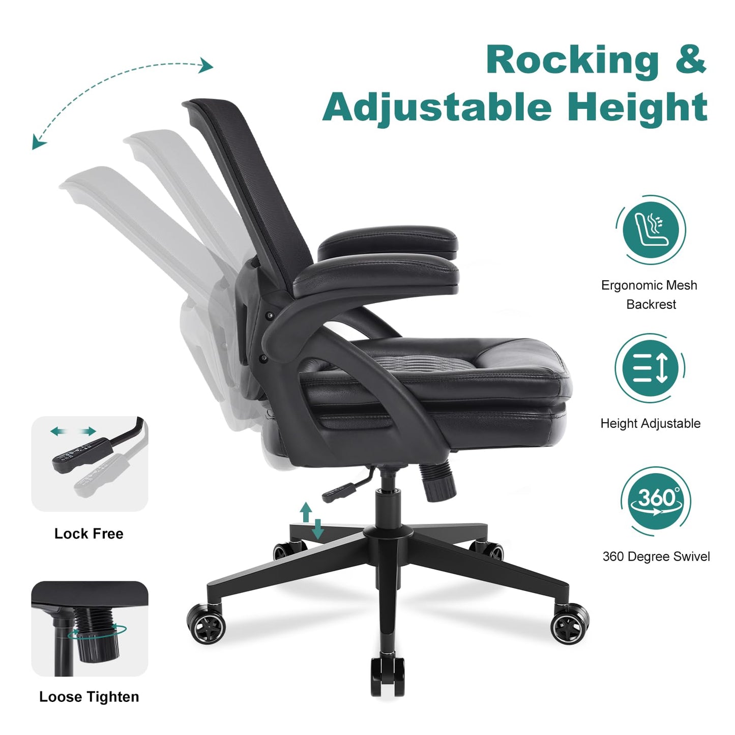 BERYTH Big and Tall Office Chair, 500lbs Mesh Heavy Duty Ergonomic Desk Chair with Flip-up Armrests, Plus Size Wide Seat in PU Leather, 360 Swivel Computer Executive Task Chair for Home Office (Black)