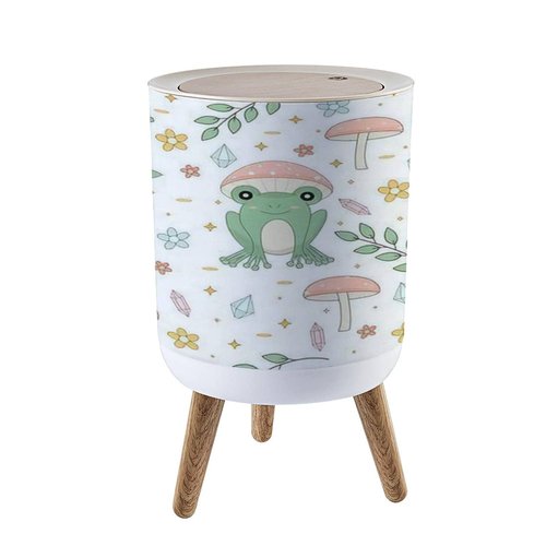 KCDCYCZEAL Small Trash Can with Lid Cottagecore Frog and Mushrooms Seamless Round Recycle Bin Press Top Dog Proof Wastebasket for Kitchen Bathroom Bedroom Office 7L/1.8 Gallon