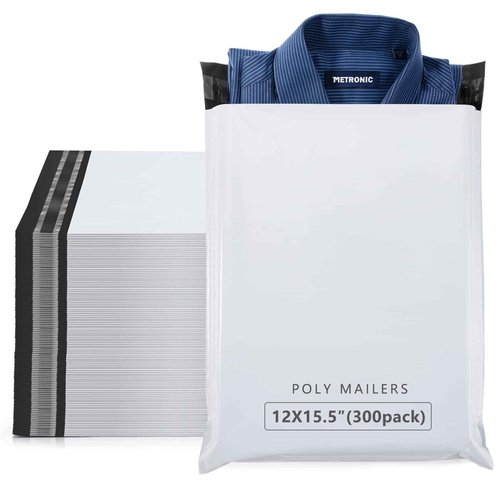Metronic 300 Pcs Poly Mailers 12x15.5, Medium Size Shipping Bags for Small Business Supplies,White Poly Mailer Bags for Clothing Packing Supplies, Strong Adhensive Shipping Mailing Envelopes Self Seal