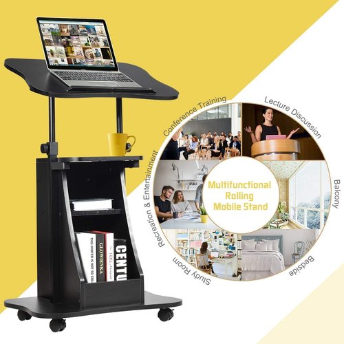 Mobile Laptop Desk, Height Adjustable Podium Stand w/ 4 Wheels & Tiltable Desktop, Rolling Lectern Cart Laptop Desk with Storage Shelves for School, Office, Home, Black