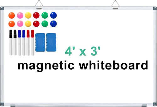 H-Qprobd Large Magnetic Dry Erase Whiteboard - 4' x 3' with Pen Tray, Markers, Erasers & Magnets