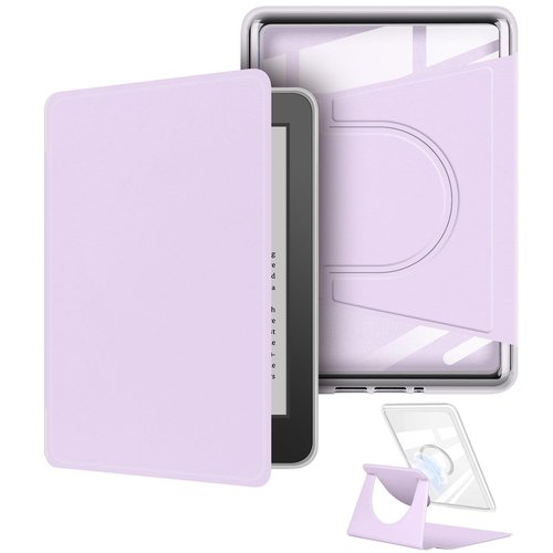 360 Degree Rotating Case for 6.8" Kindle Paperwhite (11th Generation-2021 Release), Detachable Magnetic Design Protective Adjustable Stand Cover Clear Back with Auto Sleep/Wake, Light Purple