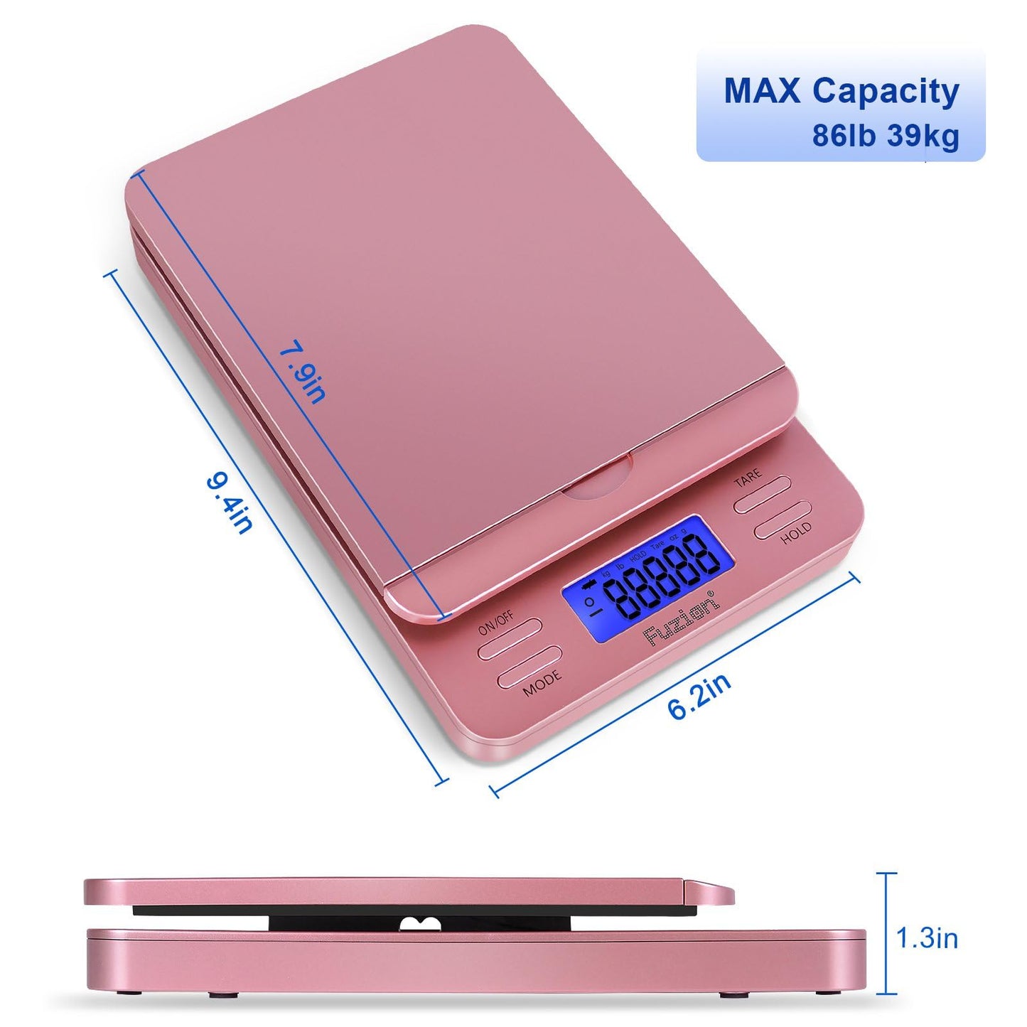 Fuzion Shipping Scale, Digital Postage Scale for Packages 86 lb/0.1oz with Hold and Tare, Postal Scale with Flip Holder, Package Scale for Small Business, Battery & AC Adapter, Rose Gold