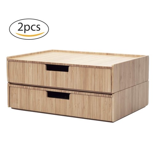 Mobilevision Large Bamboo Drawers (Set of 2) For Monitor Stand & Stackable Storage Solution for office products pens, pencils, scissors, notepads, business cards and more