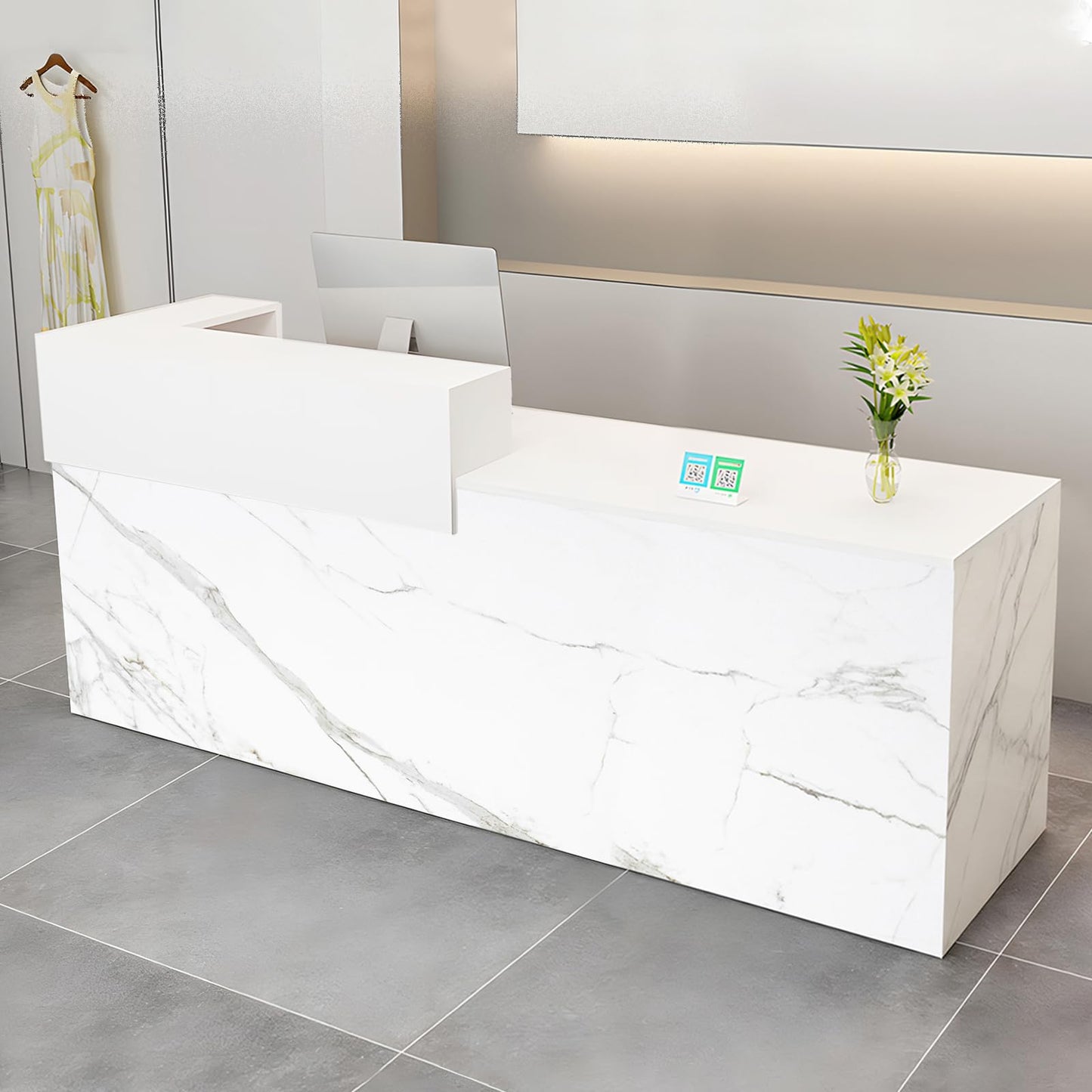 Modern Reception Desk with Drawer & Open Shelves, 39-95 Inch Front Counter Table, Computer Workstation Suitable for Salons, Offices, Lobbies, Retail Stores and Home Offices