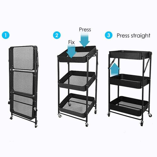 XIWODE 3 Tier Folding Metal Rolling Cart with Wheels,Black Mobile Organizer Service Cart for Kitchen Bathroom Office,No Assembly Need Trolley Shelf