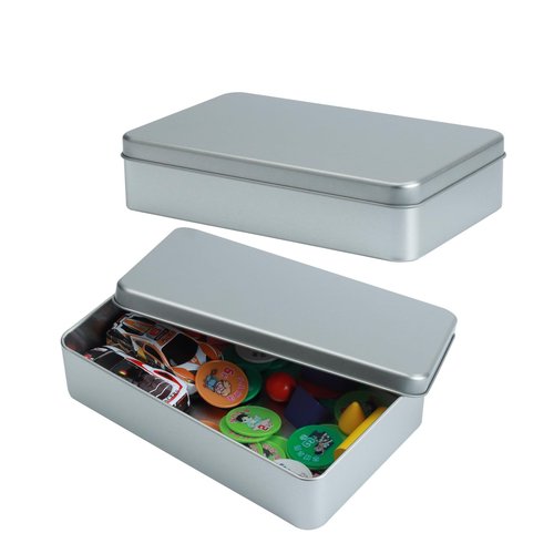 AnRui 2Pcs Silver Metal Tin Box with Lid - 7.1 x 4.33 x 1.57 inch Small Metal Containers Portable Box Holder for Candies, Pills, Crafts, Jewelry, Cash, Watercolor, Car Keys