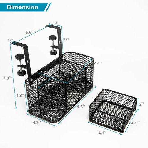 AKBFOX Clamp on Under Desk Mesh Pen Holder Organizer Desktop Office Supplies with 5 Compartments + Drawer for Home, School, Classroom