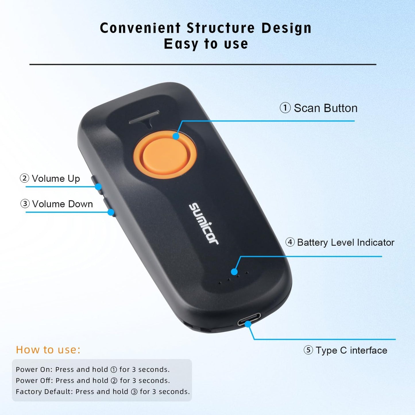 Sumicor Wireless Barcode Scanner - Portable Mini Bluetooth 1D Laser Reader with Battery Indicator