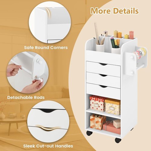 Nightcore Rolling Storage Drawer Cart, Mobile Chest of Drawers, 3 Shelves, 3 Slots, 2 Rolling Rods, Organizer Cabinet w/Lockable Casters, Wide Storage Space for Home Office, Living Room, Study (White)