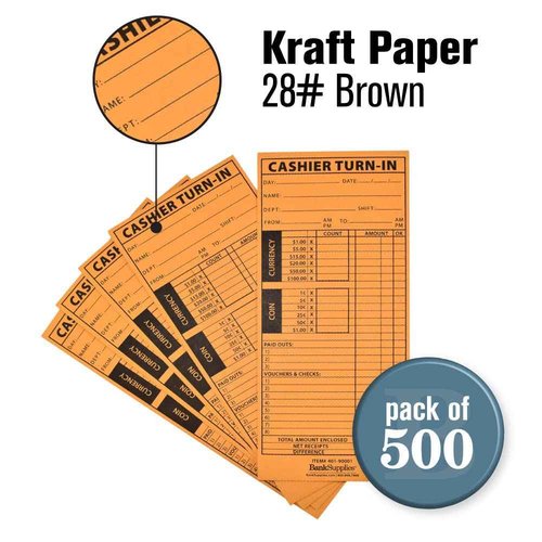 BankSupplies 4 1/2W x 10 3/8H, Cashier Turn-In Envelopes, 500 Brown Kraft Paper Envelopes, Standard Open End with Moisten and Seal Closure
