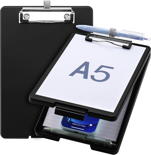 Meiikun A5 Mini Clipboard - Storage & Pen Holder | 6x9 Black Plastic Clipboards for School & Office