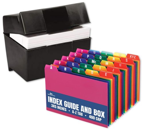 1InTheOffice Index Card Box 3x5 inch, Index Card Holder 3x5 400 Capacity & Index Card Guide Set, A-Z, 1/5 Tab