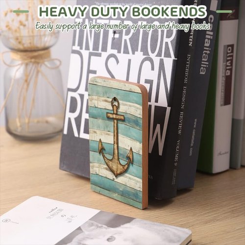Wood Bookends Non-Slip Bookends Book Stand for Shelves Books/CD - Rustic Anchor Wood Grain