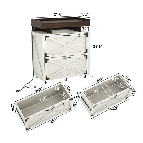 Farmhouse 2 Drawer File Cabinet on Wheels, 30" Large Locking Filing Cabinets w/ Hanging File Folders for A4/Letter/Legal Size Documents, Office Rolling Storage Cabinet for Home Office,White