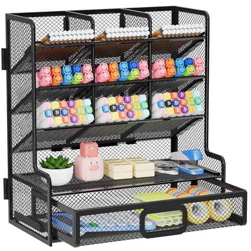 Marbrasse Larger Mesh Desk Organizer with Drawer, Multi-Functional Pen Pencil Holder, Easy Assembly, Desk Organizers and Accessories for Office Art Supplies (Black)