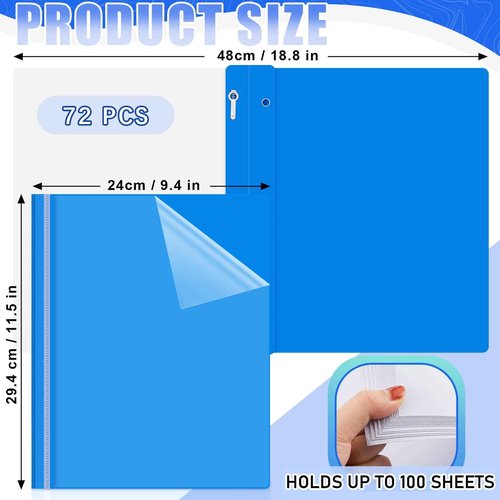 Teling 72 Pack Clear Front Report Covers Bulk Business Report Covers Plastic Presentation Folders Resume Portfolio Folder Paper Binder with 3 Prongs for Presentation Document School Office (Blue)