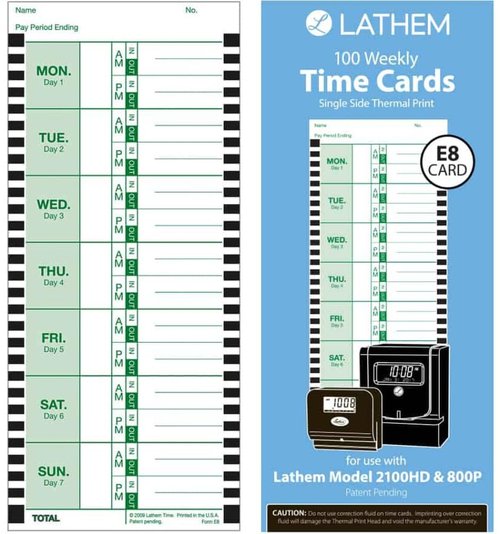 Time Card for Lathem Model 800P, 4 x 9, Weekly, 1-Sided, 100/Pack
