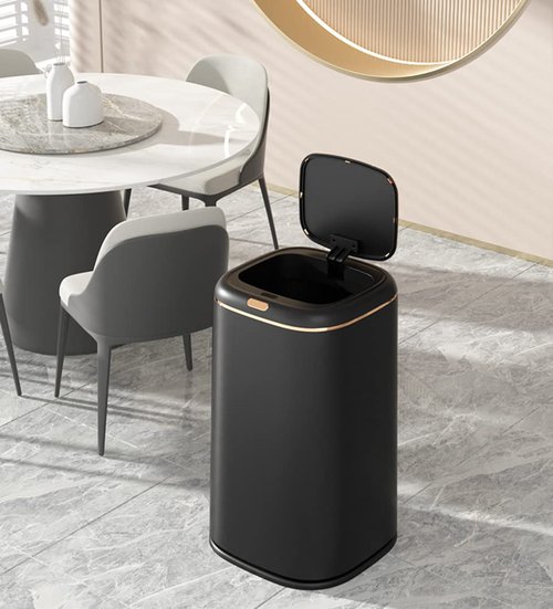 Sooyee 40L Automatic Trash Can with Lid,10.5 Gallon Bathroom Trash Can Smart Motion Sensor for Bedroom, Bathroom, Kitchen, Office,Black+Gold Border Trash Bin,3 Opening Modes