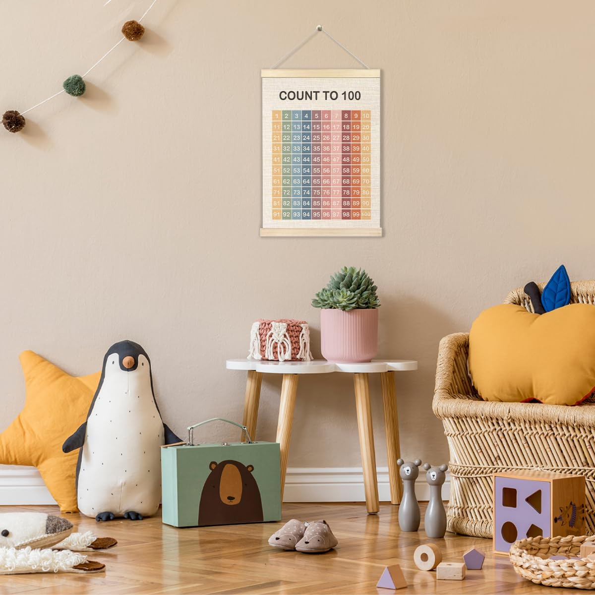 Ecezatik Number Chart 1-100 Educational Poster Hanger Frame, Boho Classroom Decor, Count to 100 Learning Posters Banner for Classroom Nursery Kids Room Playroom Preschool Decor, 12x16 Inches
