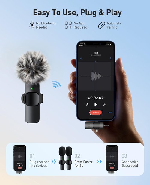 MENERESAS 3-in-1 Mini Microphone for iPhone: Wireless Lavalier Microphones for iOS/Android Devices/Camera - Noise Reduction Lapel Mic - Clip on Mic for Video Recording, Multifunctional