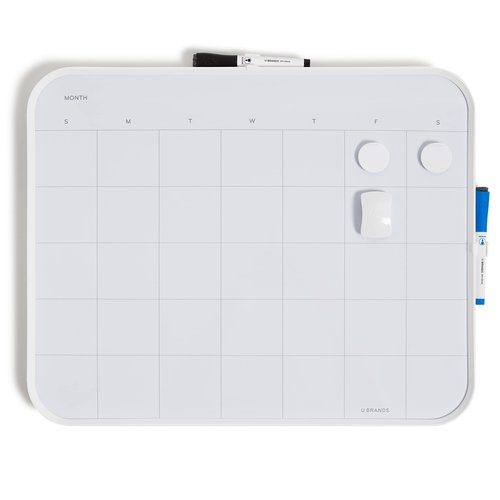 U Brands Modern Bevel Dry Erase Calendar White Board Value Pack, Office Supplies, Includes Markers, Magnets, Eraser, 16” x 20”