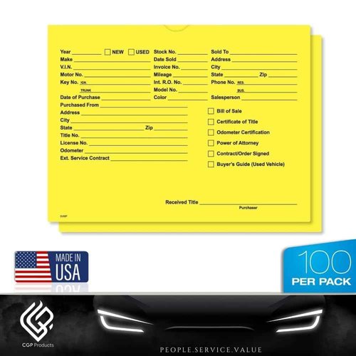 Printed Vehicle Deal Jackets Envelopes Folders for Auto Car Dealerships - 9x12 Size - Dealer Supplies - New and Used Cars - 100 Quantity (Yellow)