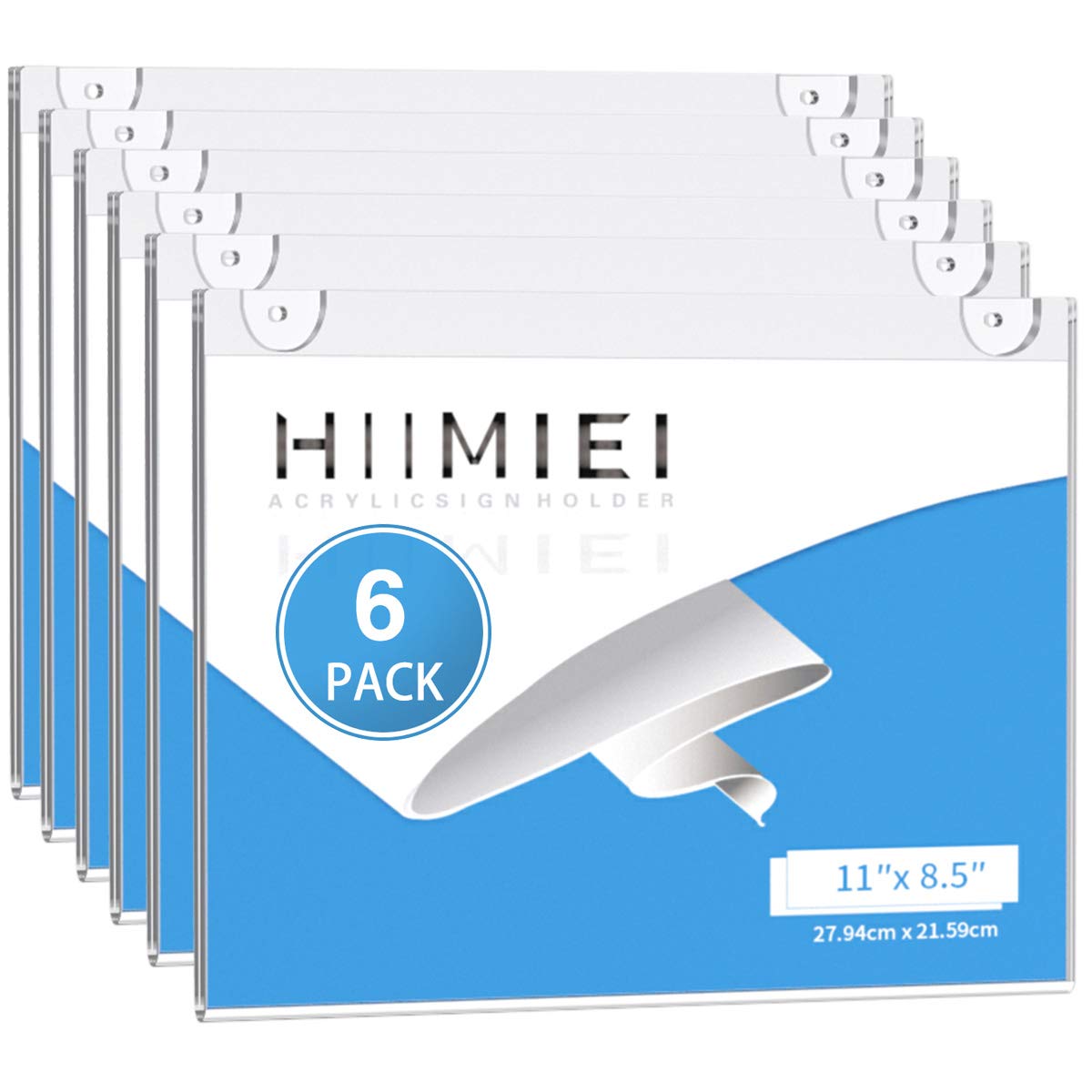HIIMIEI Acrylic Wall Mount Sign Holder 8.5 x 11 Inches Horizontal 6 Pack, Clear Paper Document Holder, Wall Mount Ad Frame with 3m Tape Adhesives & Screws