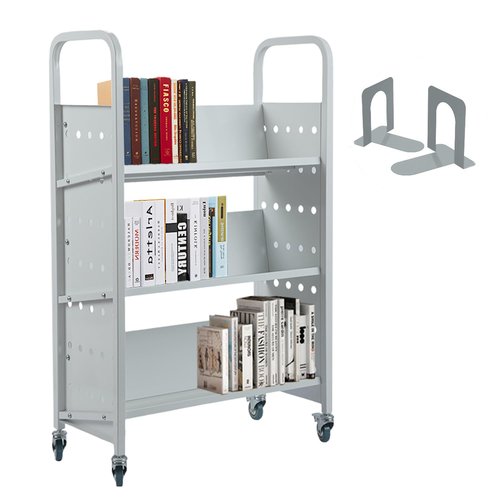 Book Cart, 44'' x 29.5'' x 13.7'' Single Sided V-Shaped Library Book Cart, 200LBS Weight Capacity Library Cart with Four Wheels for Home, Office, School, Book Truck in Silver