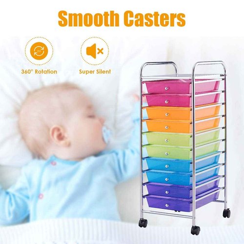 10-Tier Rolling Utility Cart with Lockable Casters, Mobile Utility Cart with 10 Drawers, Multipurpose Storage Organizer Cart for School, Office, Home, Kitchen (Rainbow)