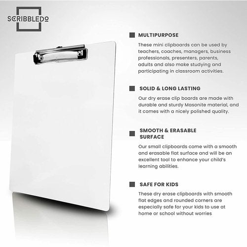 SCRIBBLEDO 30 Pack Double Sided Dry Erase Clipboards 9"x12" Durable Clipboards Bulk with 30 Dry Erase Erasers, Clipboard with Low Profile Clip for School, Classroom and Home Use