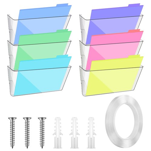 Threehoney 6 Pcs Legal Size Clear Single Pocket Wall Mount File Holder Plastic Hanging Wall Organizer with Double Sided and Screws Wall Mount Mails Magazines Organizer for Office and Home