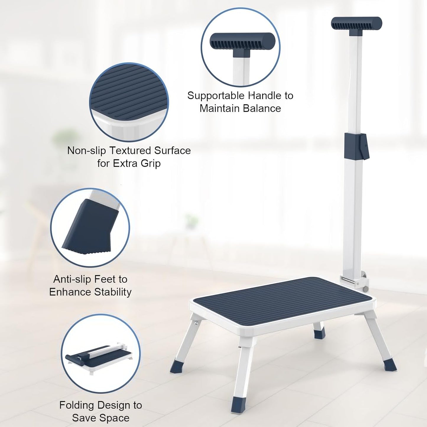 Skiennix Folding Step Stool - Metal Stepping Stool with Adjustable Handrail | 330 Lbs Capacity for Kitchen, Bathroom, Bedroom
