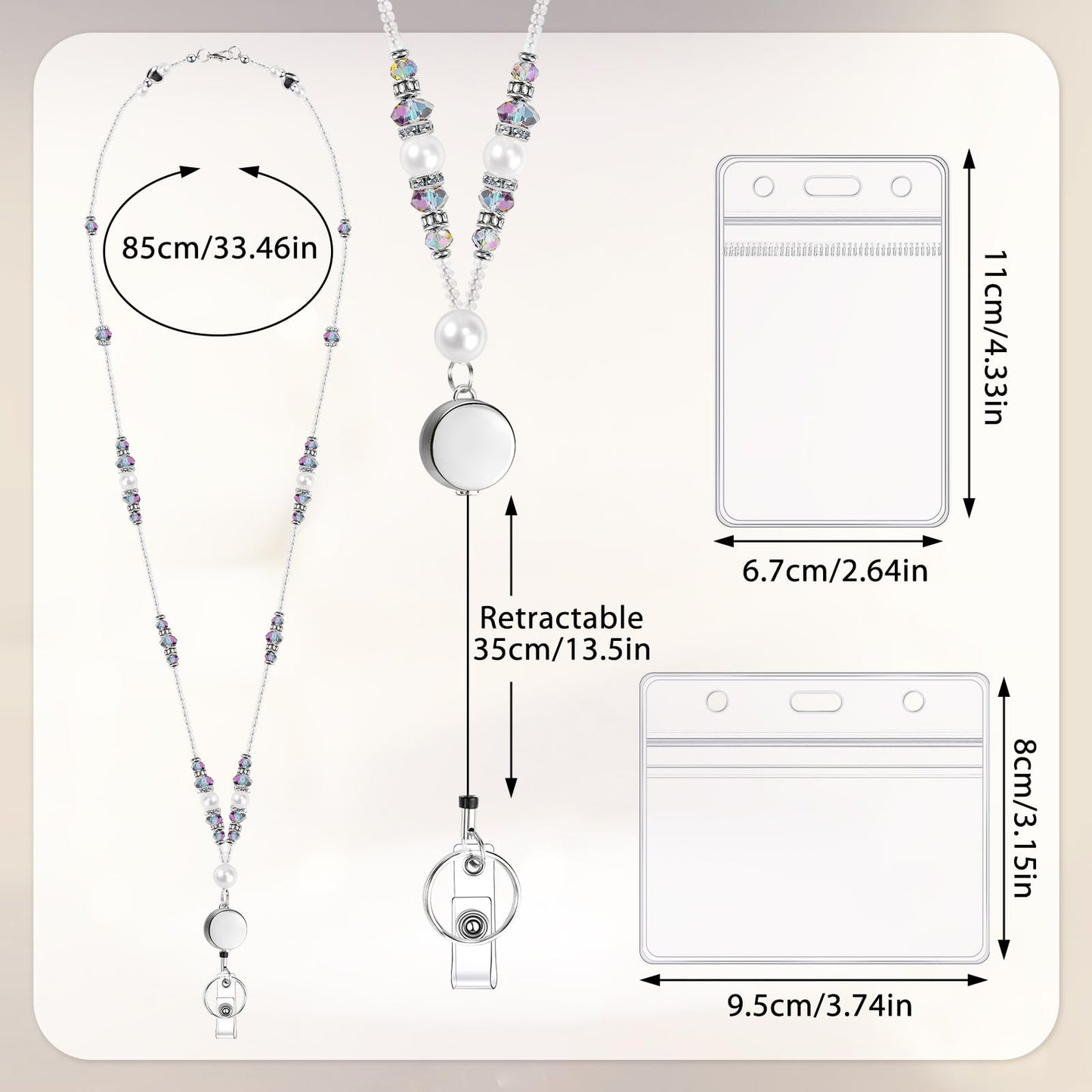Teacher Lanyards for Id Badges and Keys, Beaded Badge Lanyard with Retractable Reel Pearl Necklace Cute Lanyards for Women