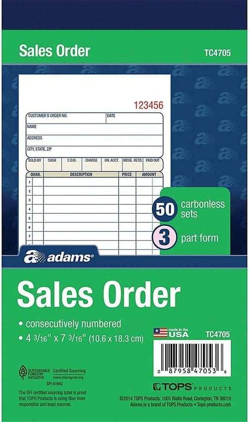 Adams Sales Order Book, 3-Part, Carbonless, 4-3/16" X 7-3/16" Inch, 50 Sets, White, Canary and Pink (TC4705) (12 Pack)
