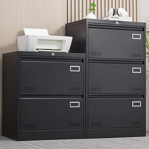 Jintop 2 Drawer Lateral File Cabinet with Lock and Card Holder, Multifunctional Metal Filing Cabinets w/Heavy 3 Section Slide Rail & Breathable Holes,for Legal/Letter/A4,Black