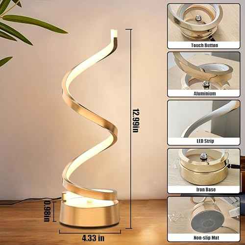 ELINKUME Spiral Lamp,Gold Table Bedside Lamps with Touch,Max 12W,Stepless Dimming Home Desk Lamp,3 Color(3000K/4500K/6000K),Gold Desk Light for Bedroom,Living Room,Study,Office,Kids Room,Meeting Room