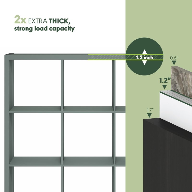 Furinno Cubicle Book Shelf, 12-Cube Bookshelf, Extra Thick Frame Reversible Bookcase with Open Back, 14.6" x 44" x 58", for Living Room, Bedroom, Home Office, Sage Green