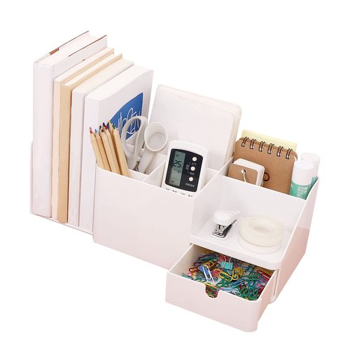 Shoccolt Desk Organizer with Drawer Large Capacity Bookends Stationary Supplies Bookshelf Accessories Pen Holder Caddy Makeup Storage Plastic Book Organizer (Large, Beige)