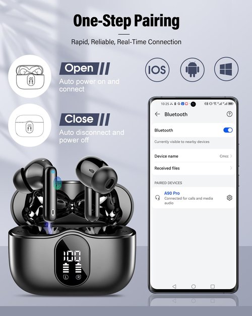 Wireless Earbuds, Bluetooth 5.4 Headphones Bass Stereo, Bluetooth Earbuds with Noise Cancelling Mic, IP7 Waterproof in Ear Earphones, 36H LED Display Ear Buds for Laptop Pad Phones Sports, Black