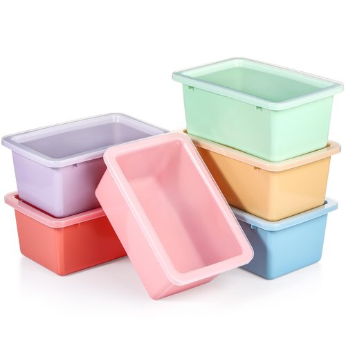 Outus 24 Pcs Plastic Small Cubby Bins with Lids Toy Storage Bins Classroom Storage Organizer Containers Books Bins With 15 Sheets Self Adhesive Labels for Classroom School Supplies(Macaron)