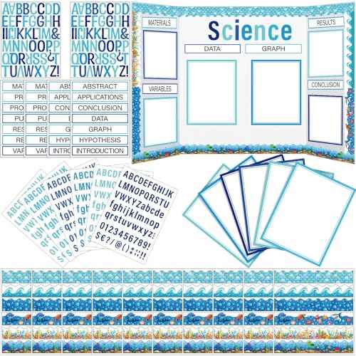 96 Pcs Science Fair Board Supplies Includes Self Adhesive Science Fair Project Titles Subtitles Presentation Bulletin Border Letter Stickers First Day of School Back Classroom(Ocean Style)