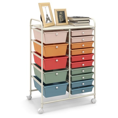 HAPPYGRILL 15-Drawer Rolling Cart, Storage Carts with Removable Drawers & Steel Frame, Utility Cart on Lockable Wheels for Home, School, Office, Macaroon
