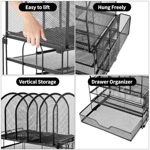 Desk Organizers and Accessories with Drawer, File Organizer with 5 Vertical File Holders and Pen Holders, Office Desk Accessories Workspace Desktop Organizers for Office Supplies (Black)
