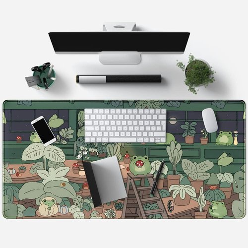 Cute Frog Kawaii Green Desk Decor Mat, Large Gaming Mouse Pad for Computer Keyboard Laptop, Home Office Accessories for Girl (31.5x15.7 in)-with Stitched Edges Pad