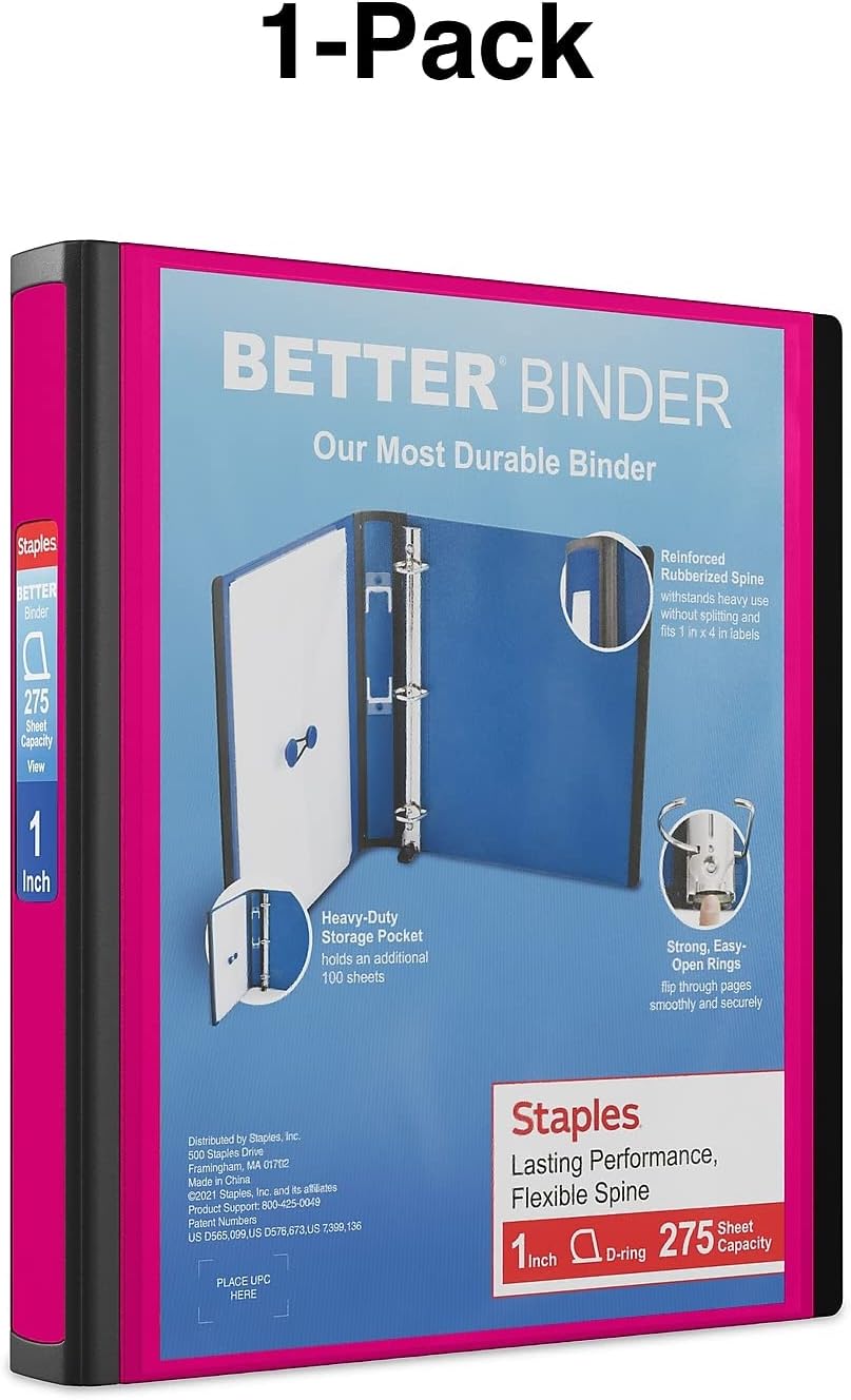 Staples Better View 1-Inch D-Ring Binder - Durable Pink 3-Ring Binder with Clear Overlay for School & Office