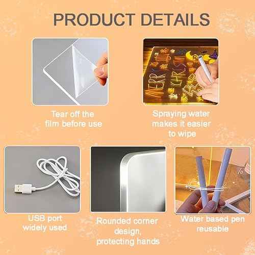 LED Note Board with Colors, Led Drawing Board, Light Up Acrylic Message Board,12" x 8" Light Up Clear Board, Acrylic Dry Erase Board with Light, Halloween and Christmas Gift, 7 Colors Pen